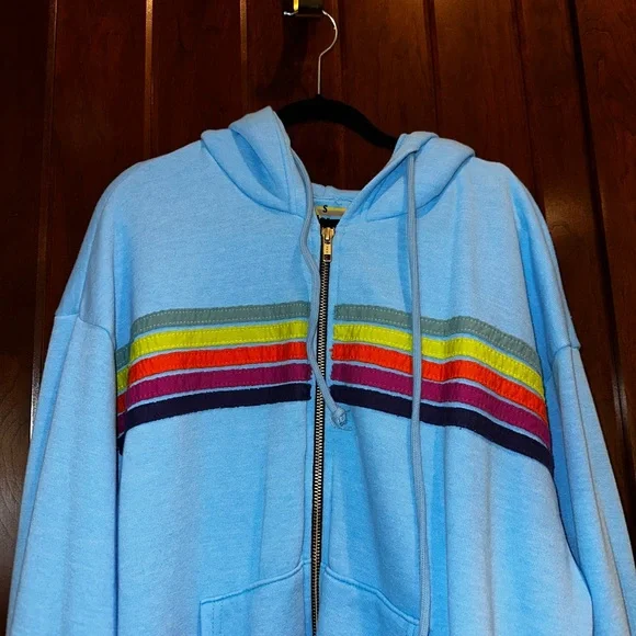 Aviator Nation Aqua Neon Rainbow Stripe Hoodie in Size Small EXCELLENT CONDITION - Picture 4 of 5